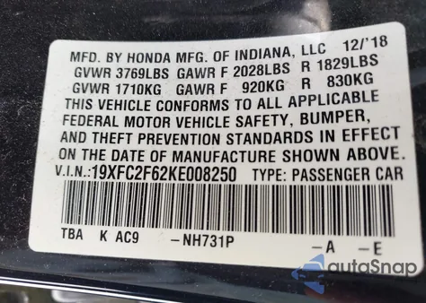 2019 Honda Civic Lx из США, поврежденный, VIN 19XFC2F62KE008250